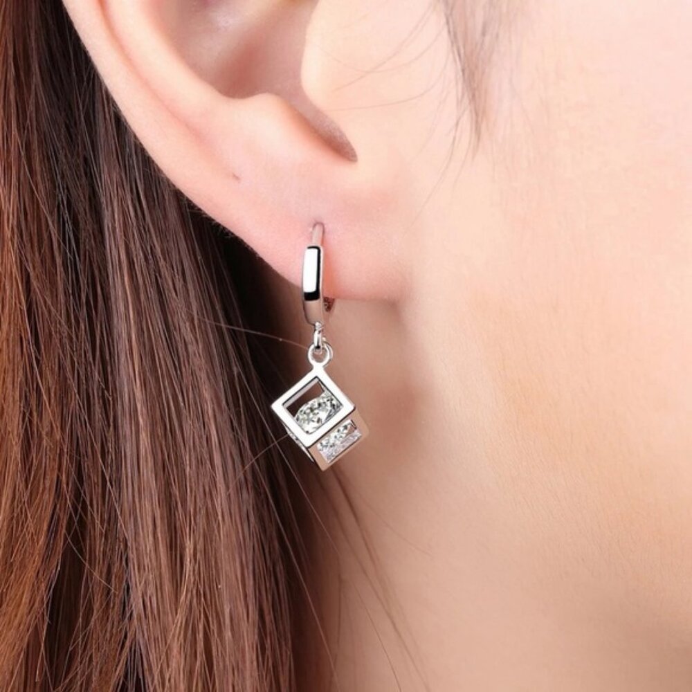 925 Sterling Silver Crystal Hollow Square Box Drop Earrings - Picture 3 of 7